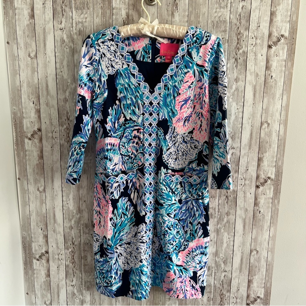 Lilly Pulitzer Sophia High Tide Navy Paradise V Neck 3/4 Sleeve Dress Small